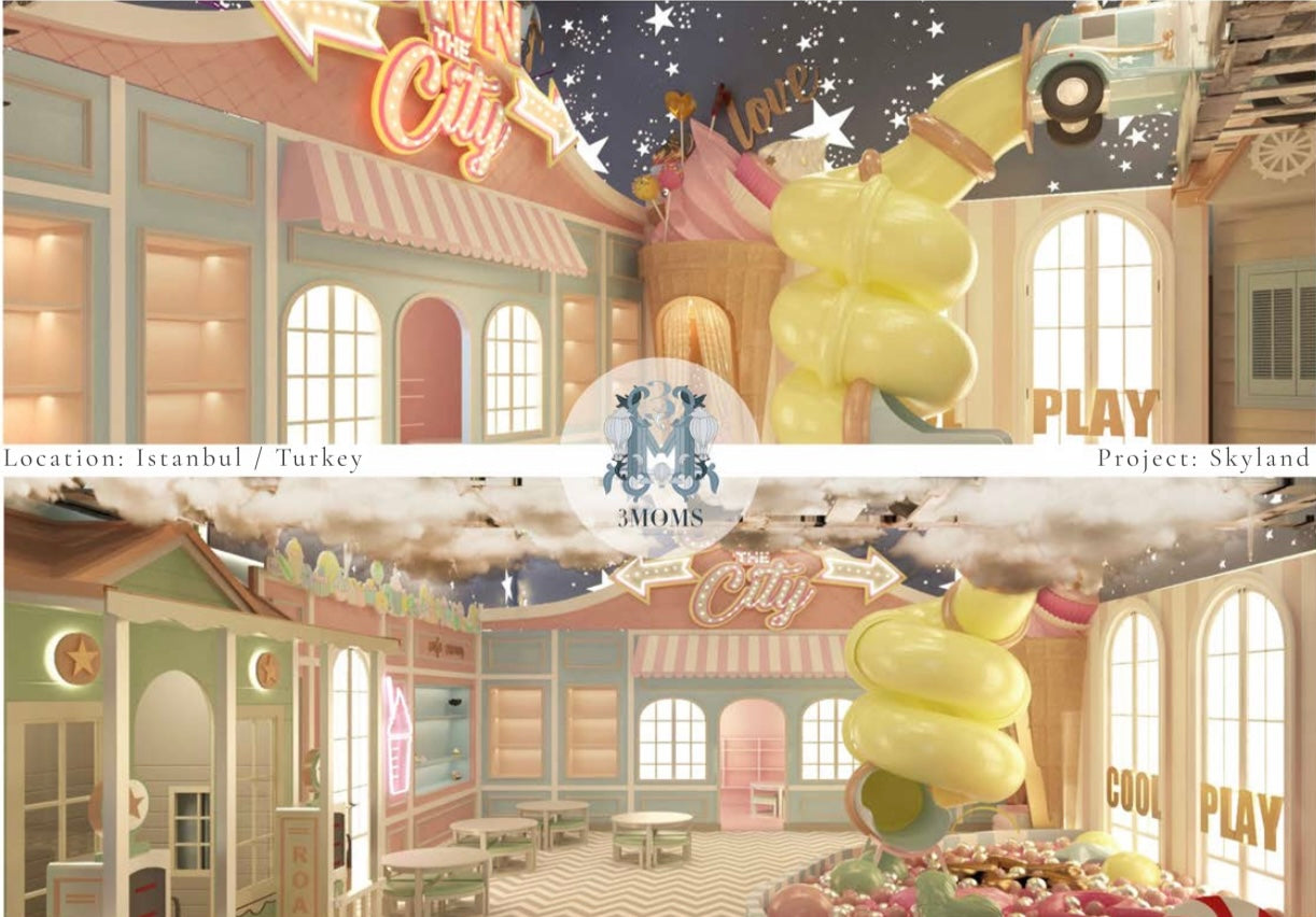 Children's play area with colorful decor and toys, featuring a horse and balloons.
